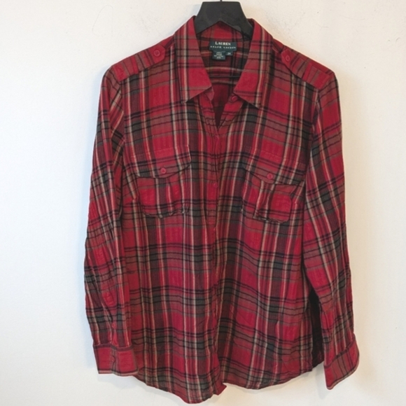 Lauren Ralph Lauren Women's Red Plaid Cotton Button Up Shirt Size 2X - Picture 1 of 6